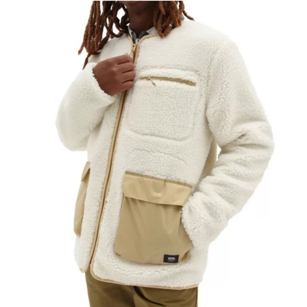 Men’s Vans Collarless Fleece Sherpa Teddy Big Pocket Zip Taos Taupe Jacket Coat